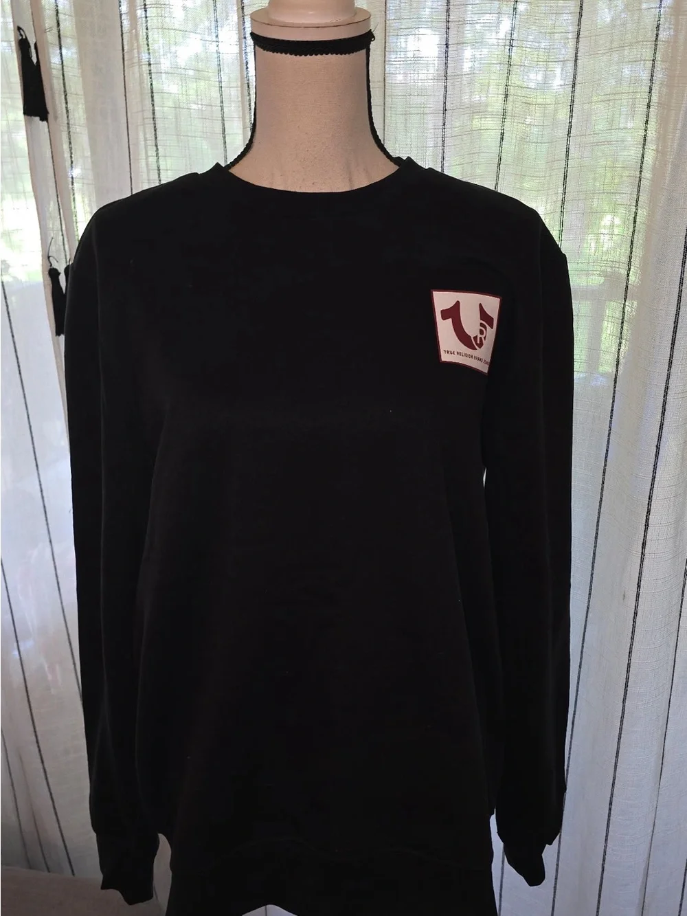 True Religion Black Crewneck Sweatshirt with Burgundy Logo Patch